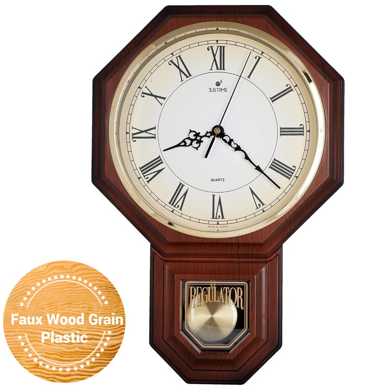 JUSTIME Traditional Schoolhouse Pendulum Wall Clock Chimes Hourly with Westminster Melody Made in Taiwan, 4AA Batteries Included (PP0258-RDW Dark Wood Grain) - Image 1